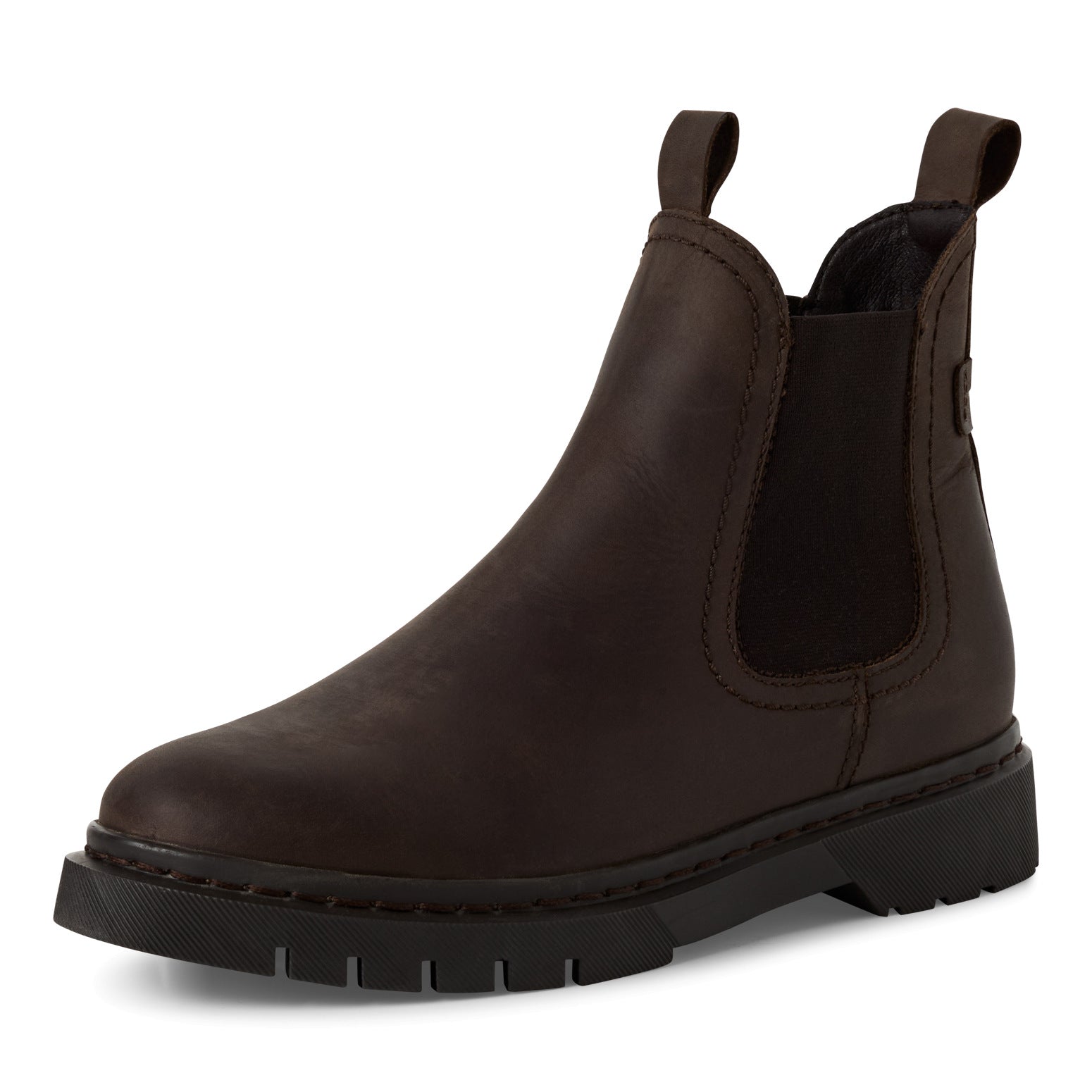 Leather women's brown pull-on ankle boots with elastic side panels and sturdy treaded sole.