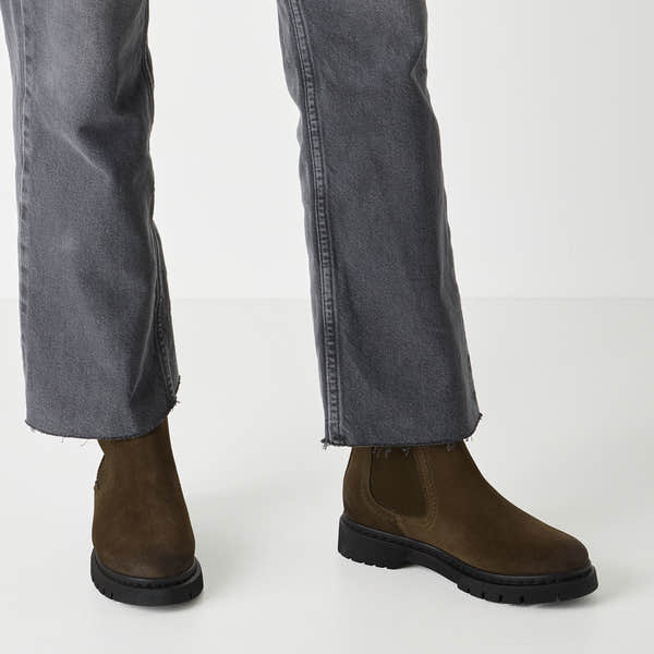 Tamaris women's olive suede pull-on ankle boots with chunky black soles and elastic side panels.