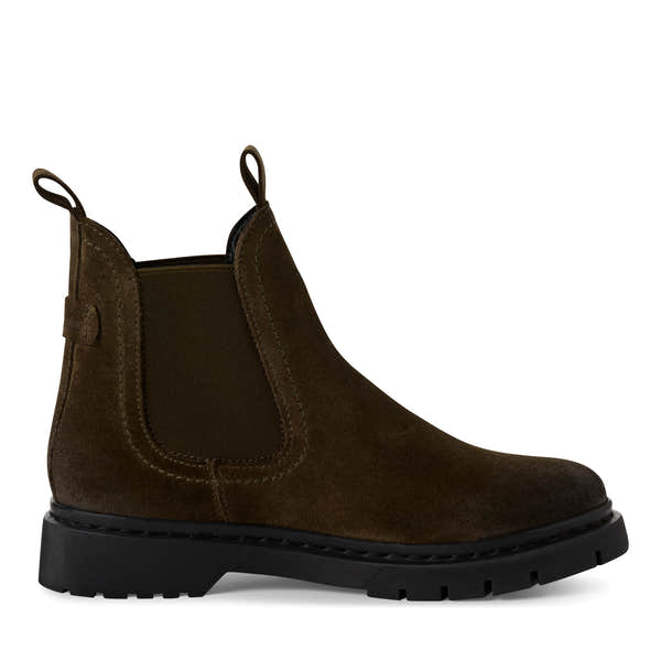 Tamaris women's olive suede pull-on ankle boots with elastic sides and chunky black sole.