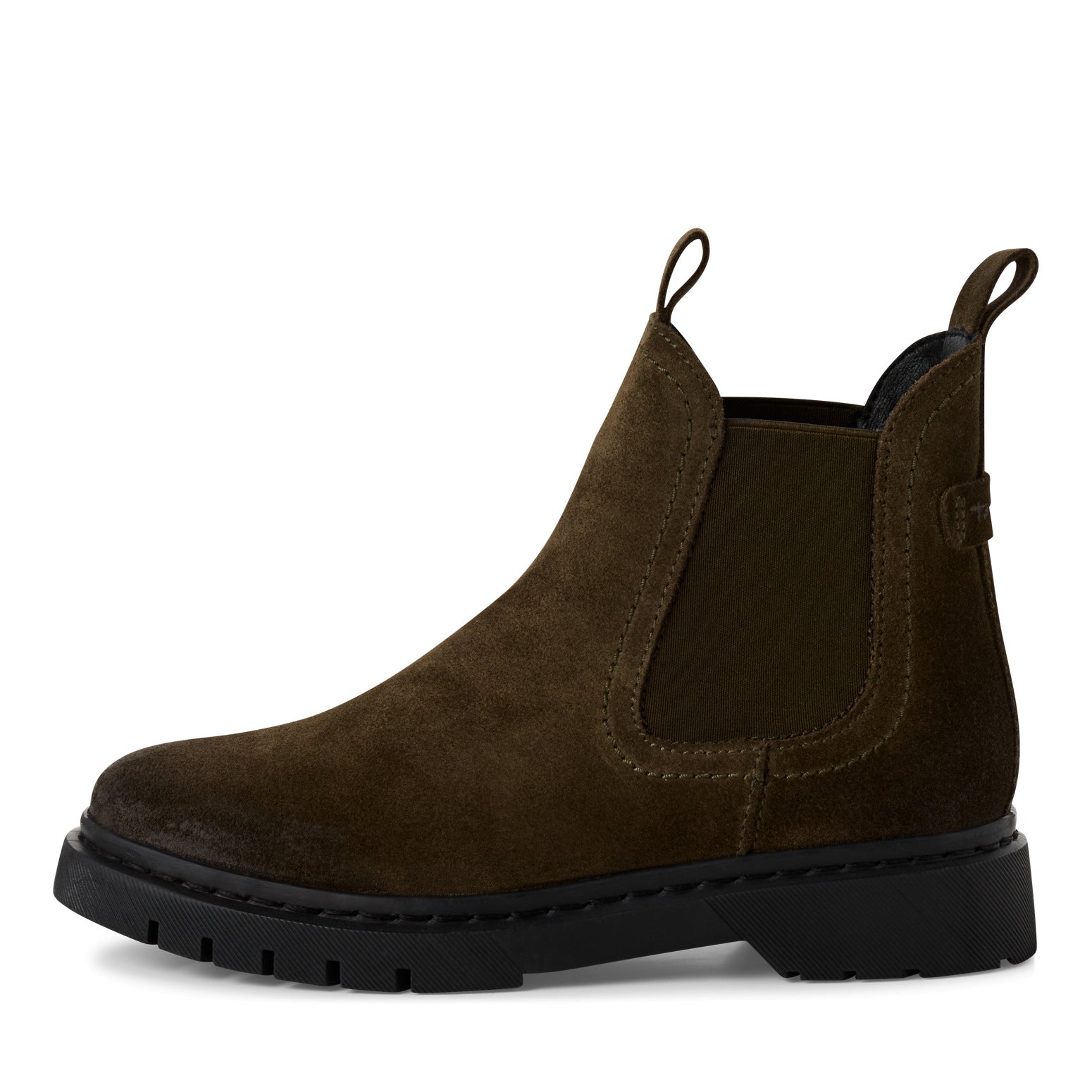 Tamaris women's olive suede pull-on ankle boots with chunky black sole and elastic side panels.