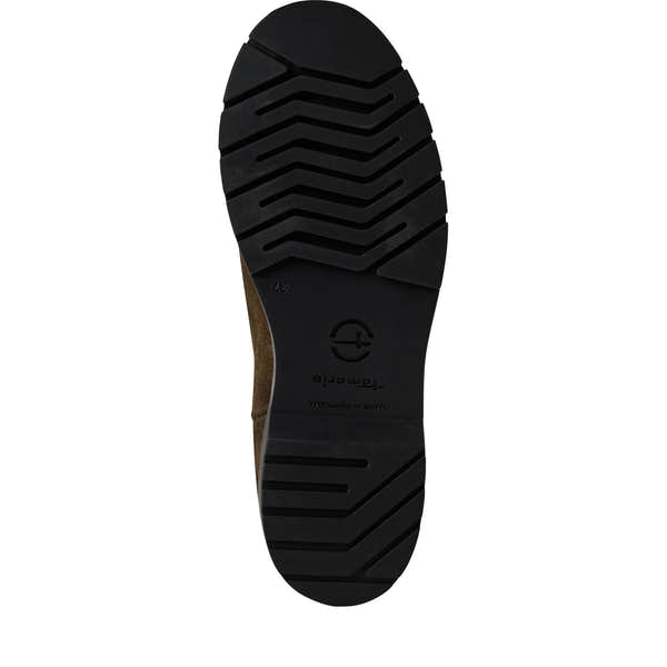 Tamaris Ladies Olive Suede Leather Pull-On Ankle Boots with rugged black rubber sole, size 37.