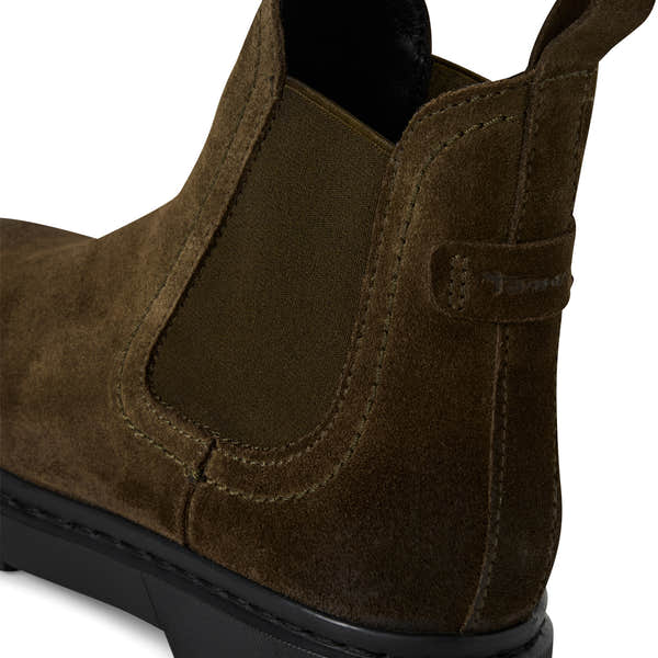 Tamaris women's olive suede leather pull-on ankle boots with elastic side panels and pull tab, stylish and comfortable for everyday wear.