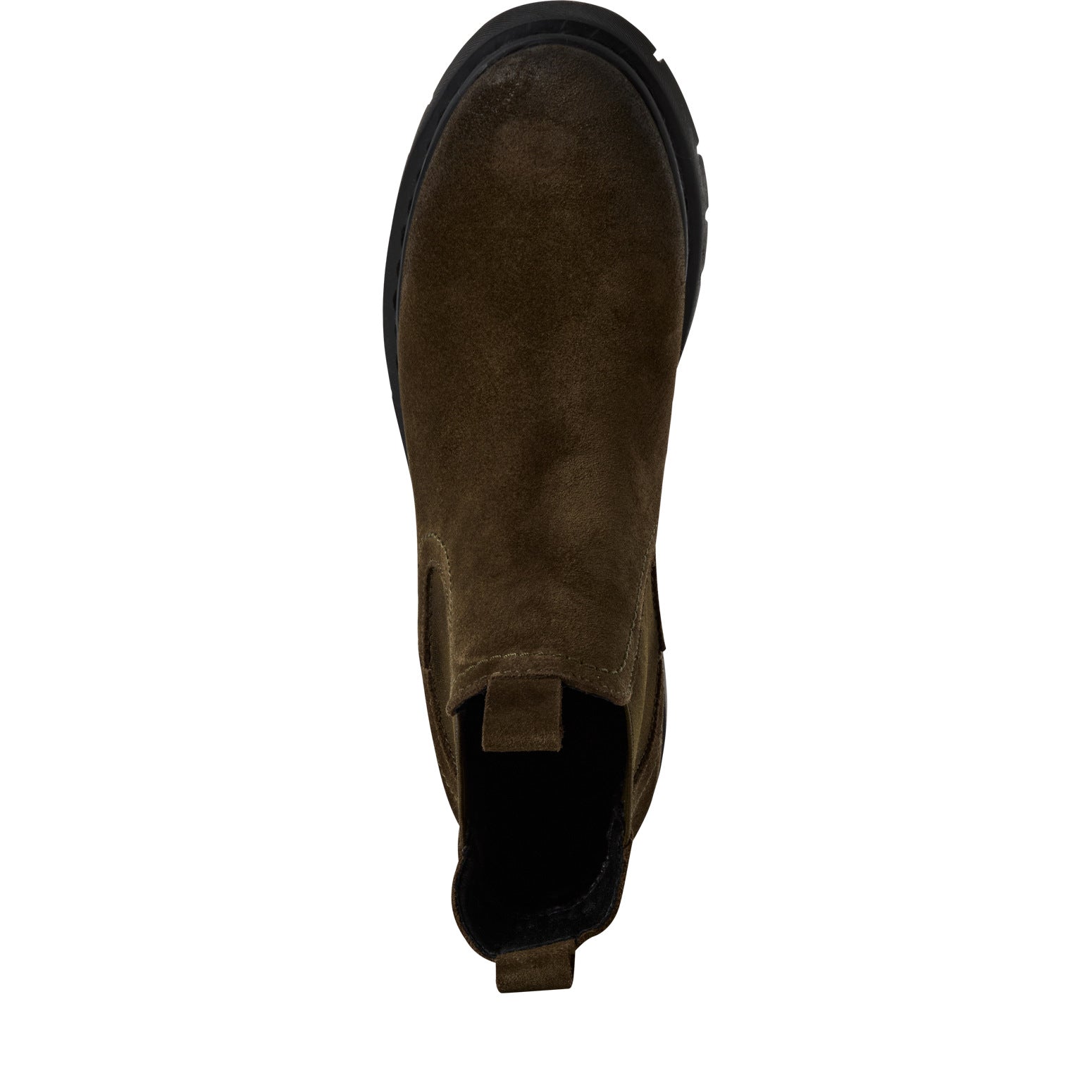 Tamaris women's olive suede leather pull-on ankle boots with black rubber soles, stylish and comfortable for casual wear.