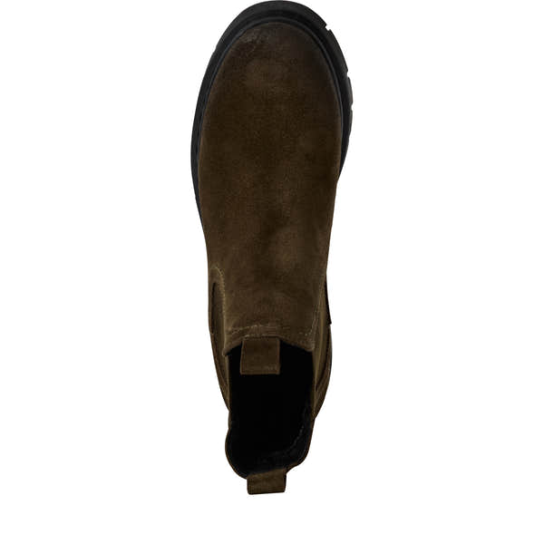 Tamaris women's olive suede leather pull-on ankle boots with black rubber soles, stylish and comfortable for casual wear.