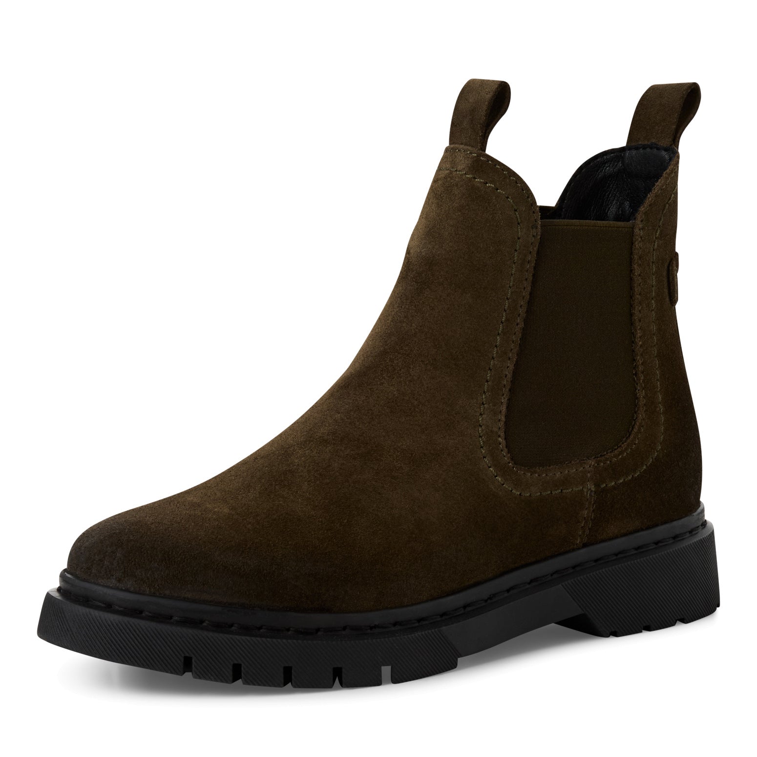 Tamaris women's olive suede leather pull-on ankle boots with chunky black sole and slip-on design.