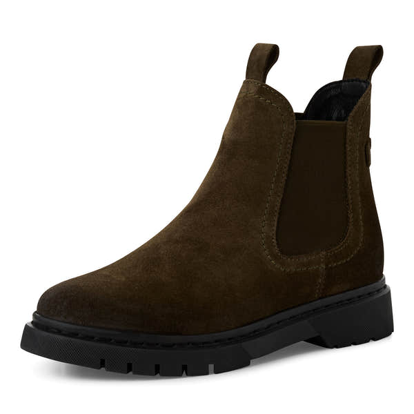Tamaris women's olive suede leather pull-on ankle boots with chunky black sole and slip-on design.