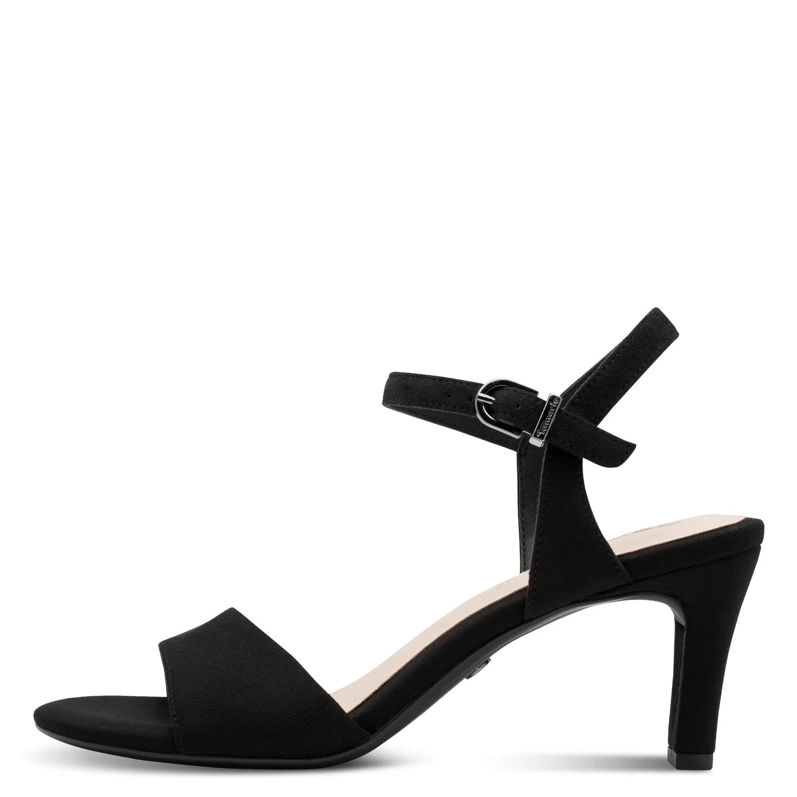 Tamaris women's black textile buckle heel sandals with ankle strap and open toe, stylish and elegant footwear for women.