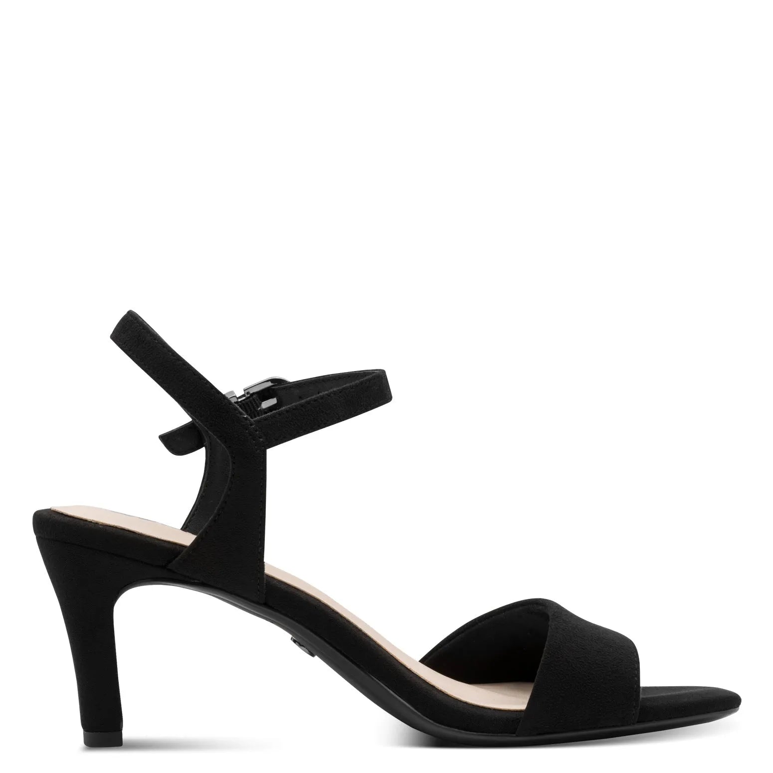 Tamaris women's black textile buckle heel sandal with ankle strap and open toe, mid-height stiletto heel.