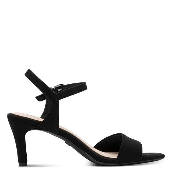 Tamaris women's black textile buckle heel sandal with ankle strap and open toe, mid-height stiletto heel.