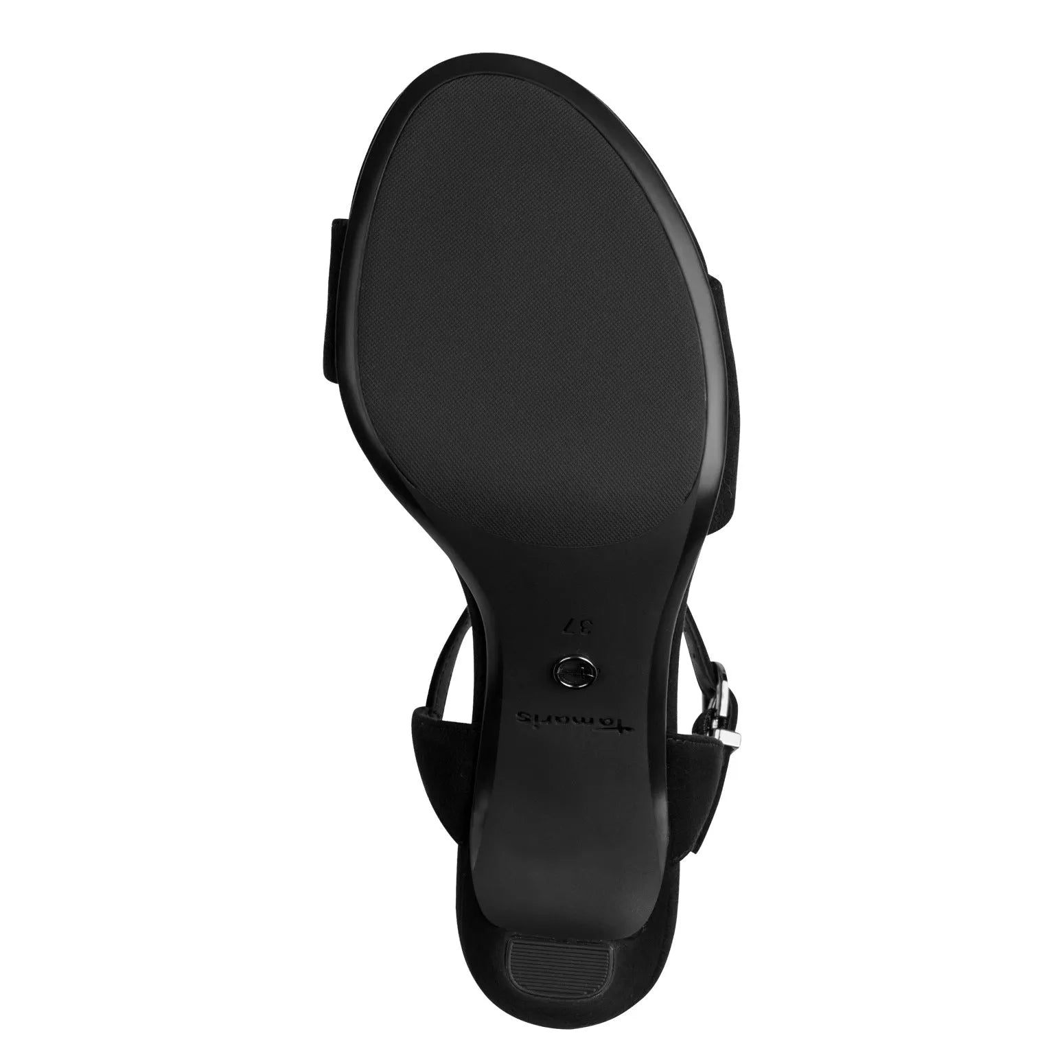 Tamaris Ladies Black Textile Buckle Heels with ankle strap and adjustable buckle, platform sole, size 37.