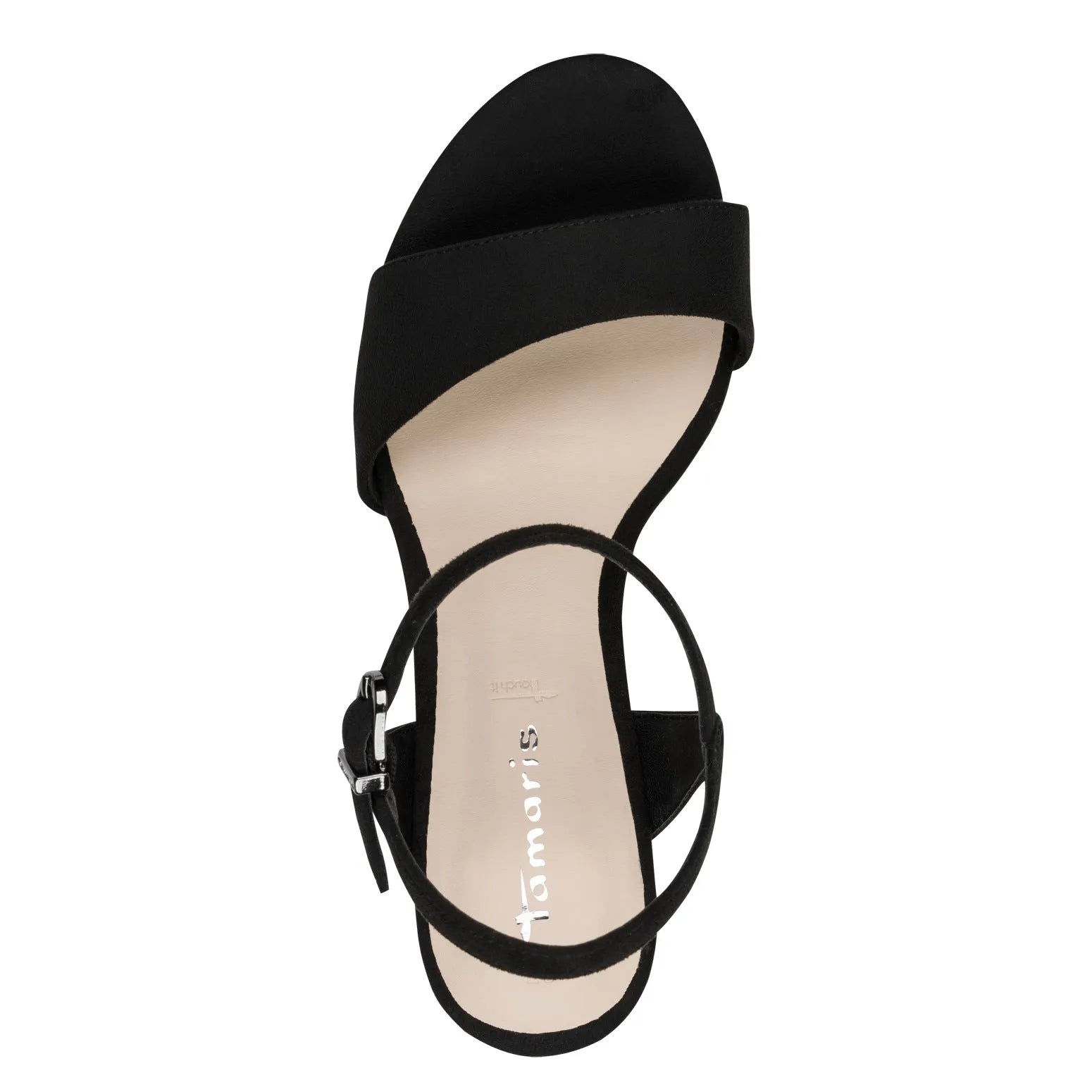 Black textile women's buckle heel sandal with ankle strap, open toe, and cushioned insole.