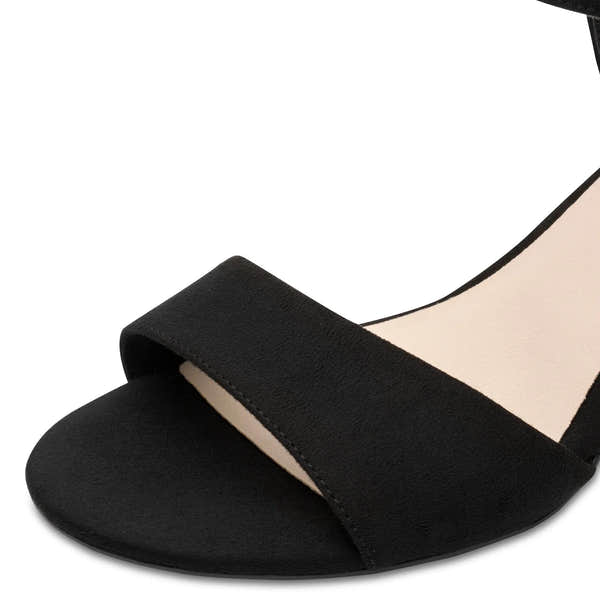 Tamaris Ladies Black Textile Buckle Heel Shoe with ankle strap and open toe, stylish and comfortable for women.