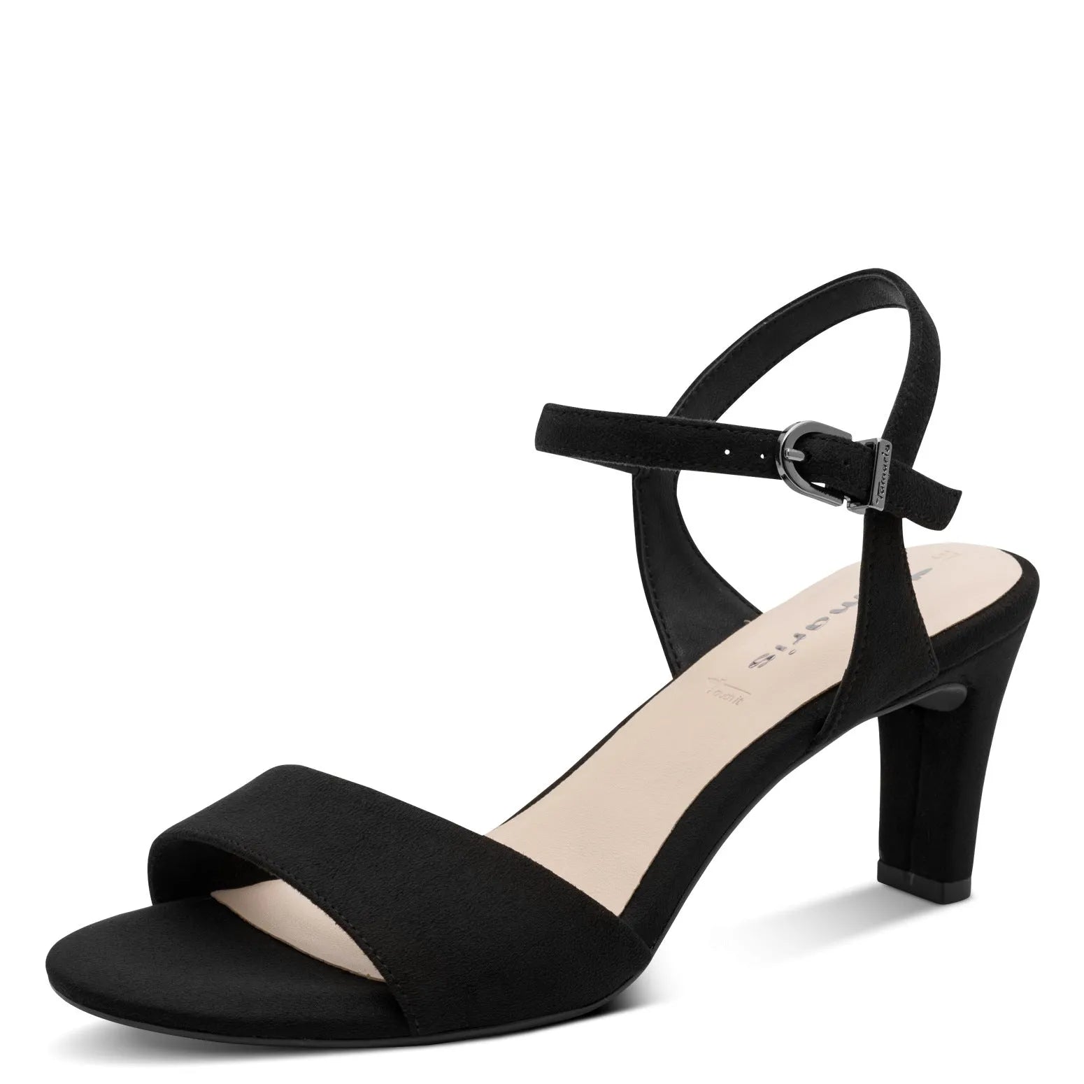Tamaris Ladies Black Textile Buckle Heels with ankle strap and block heel, stylish and comfortable for women's formal footwear.