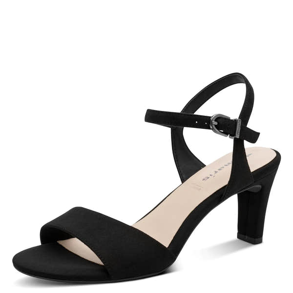 Tamaris Ladies Black Textile Buckle Heels with ankle strap and block heel, stylish and comfortable for women's formal footwear.