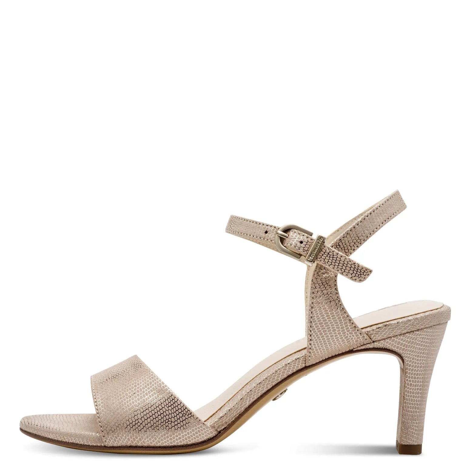 Tamaris ladies light gold textile buckle heel sandal with ankle strap and open toe.