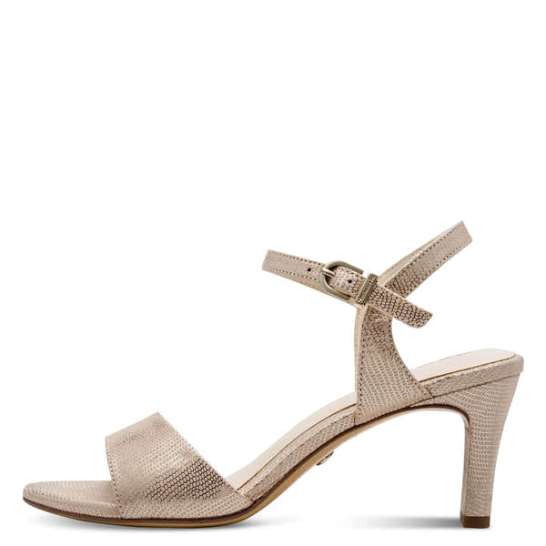 Tamaris ladies light gold textile buckle heel sandal with ankle strap and open toe.