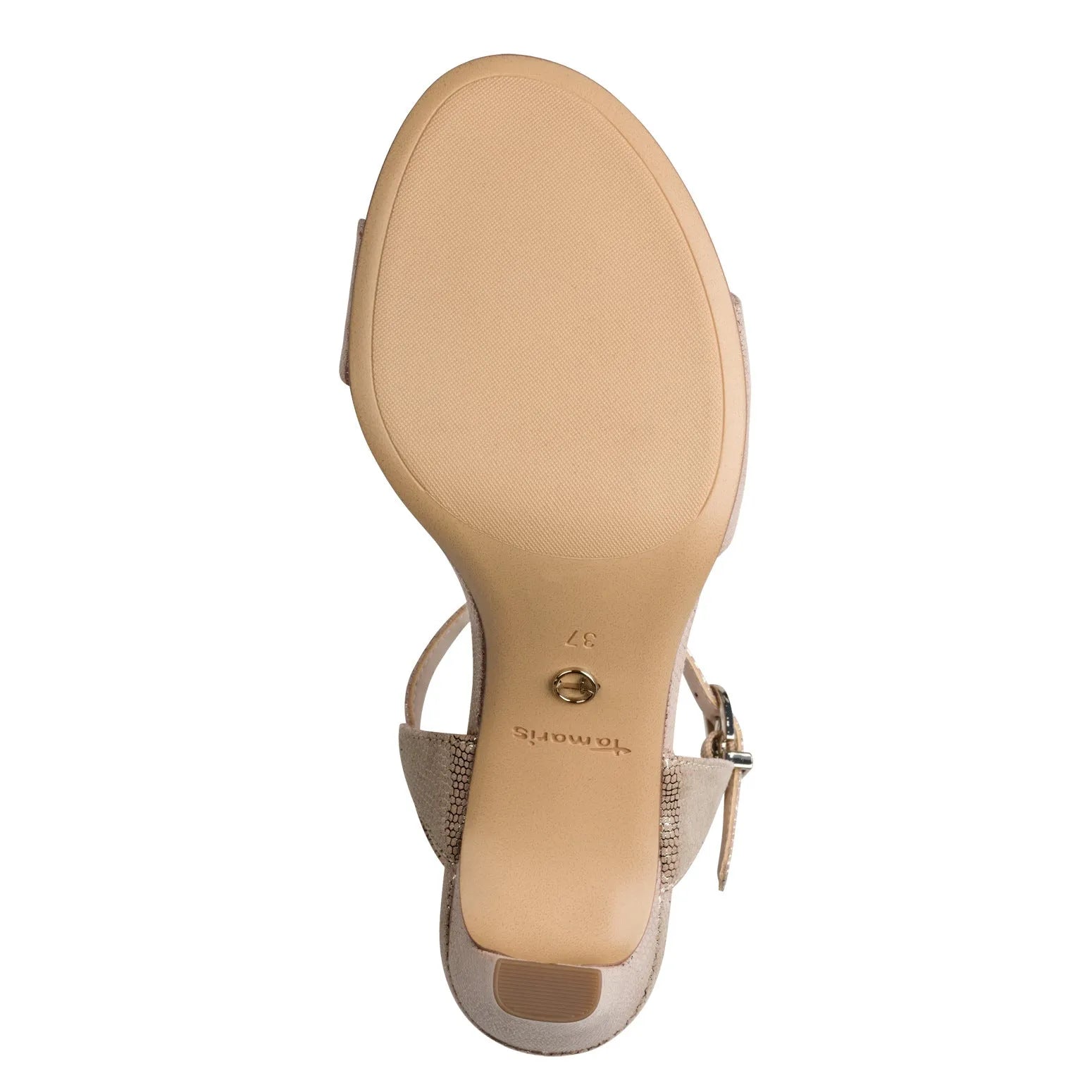 Tamaris Ladies Light Gold Textile Buckle Heels with ankle strap and cushioned sole, size 37.