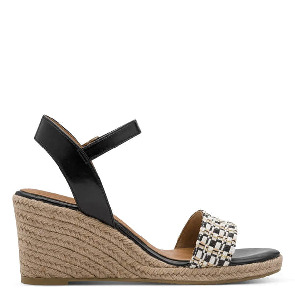 Tamaris women's black wedge espadrille sandal with a plaid fabric toe strap and ankle strap, 098 style, stylish and comfortable footwear.