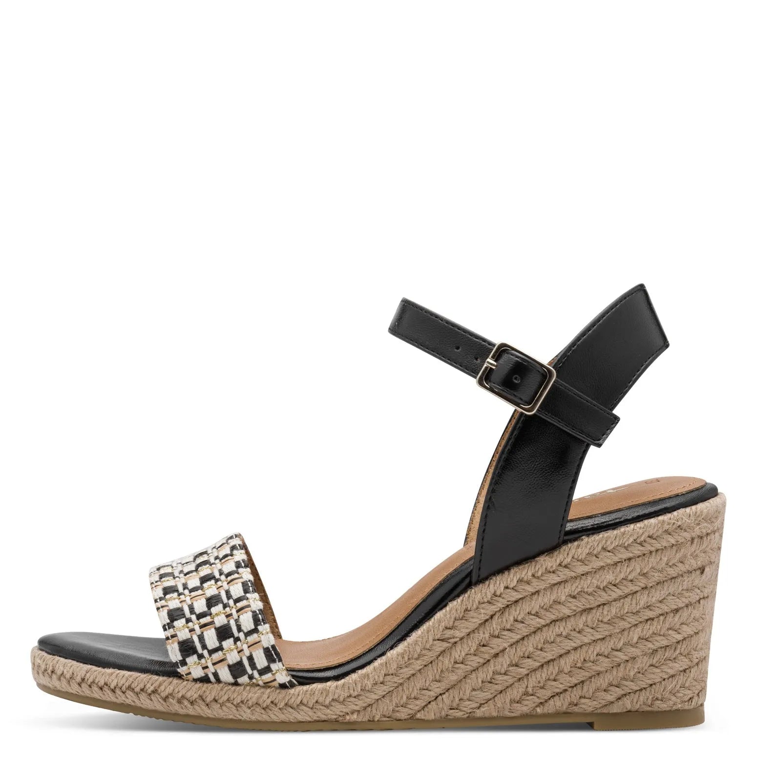 Tamaris women's black wedge sandals with textile buckle straps and woven jute heel.