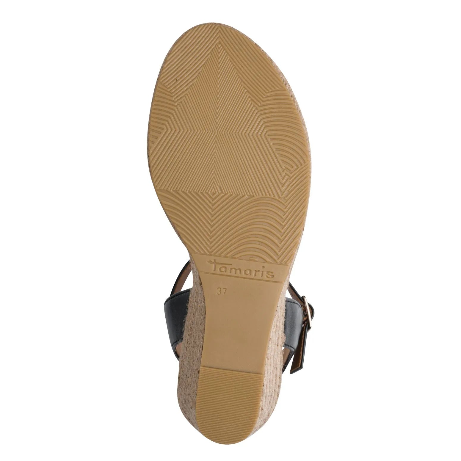 Women's black textile wedge sandals with buckle strap and beige platform sole, size 37, by Tamaris.