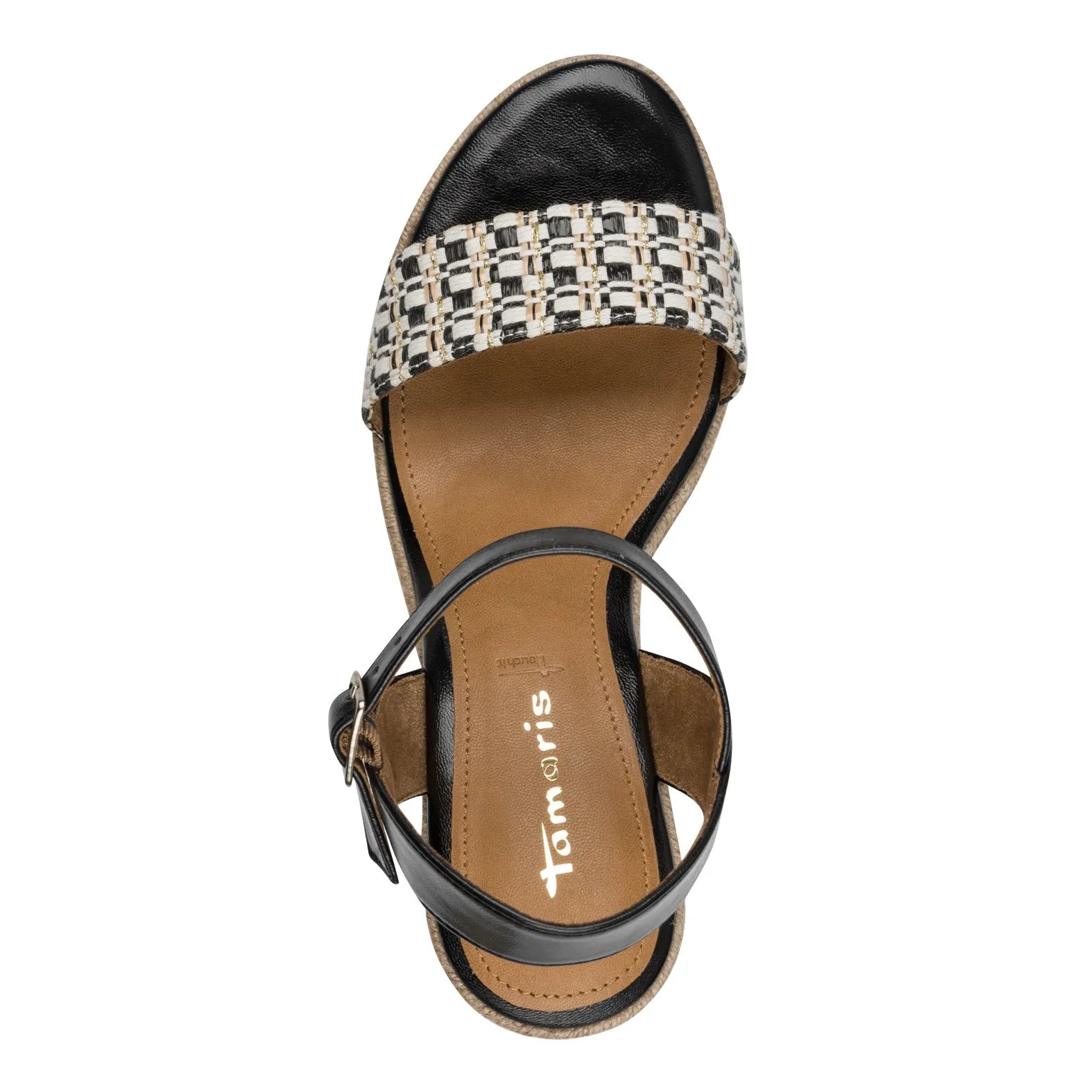 Tamaris women's black and beige textile buckle sandals with open toe and ankle strap, cushioned insole, stylish casual footwear.