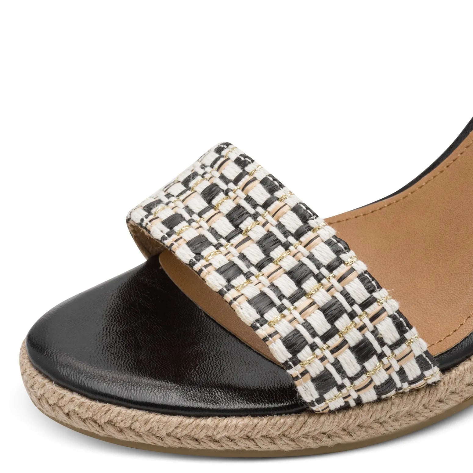 Tamaris women's black and beige textile slip-on wedge sandals with buckle detail and woven strap.