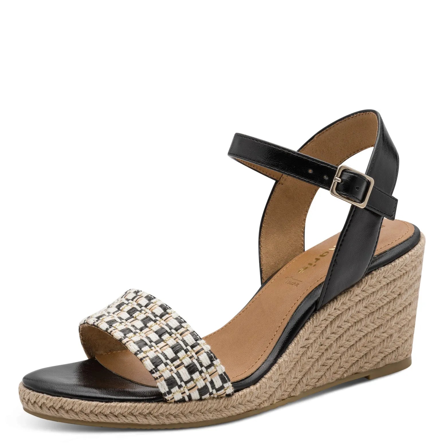 Women's black and beige wedge sandals with textile and buckle strap detail, featuring a jute platform sole.