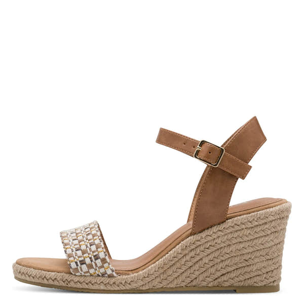 Tamaris women's cognac textile and leather wedge sandals with buckle ankle strap and woven jute platform.