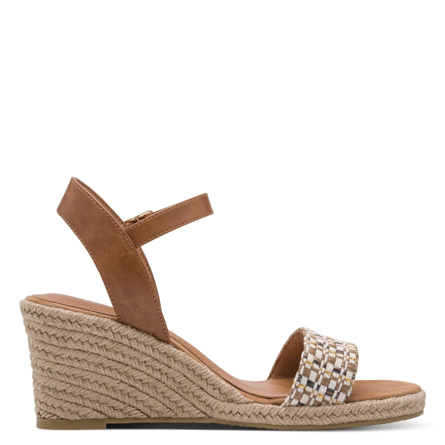 Tamaris women's cognac wedge sandals with textile and buckle details, featuring a woven front strap and espadrille-style platform.
