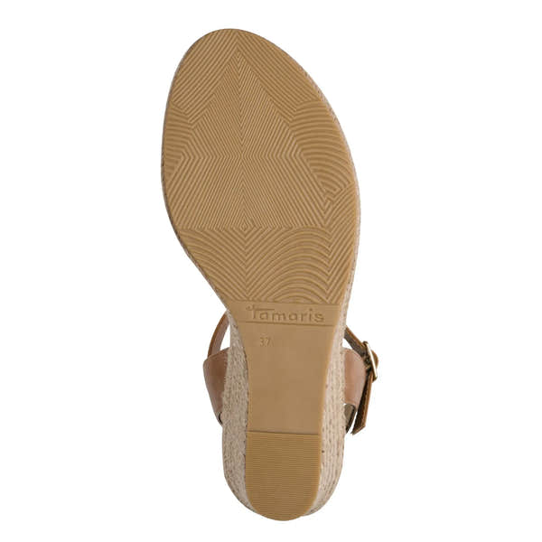 Tamaris women's cognac textile and buckle wedge sandals with rubber sole and open toe, size 37.