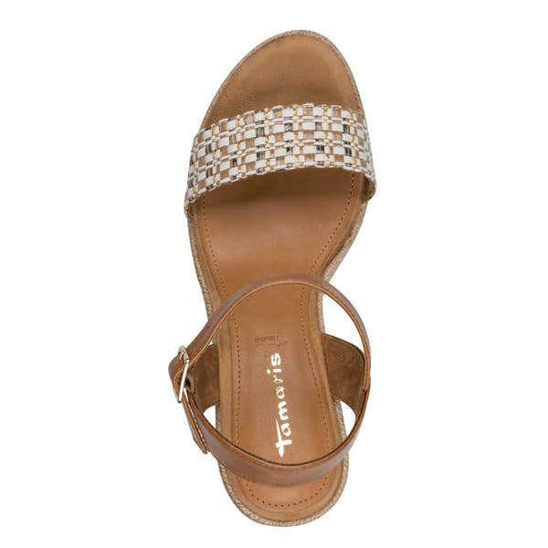 Tamaris women's cognac textile and sandal buckle sandals with woven front strap and ankle strap.