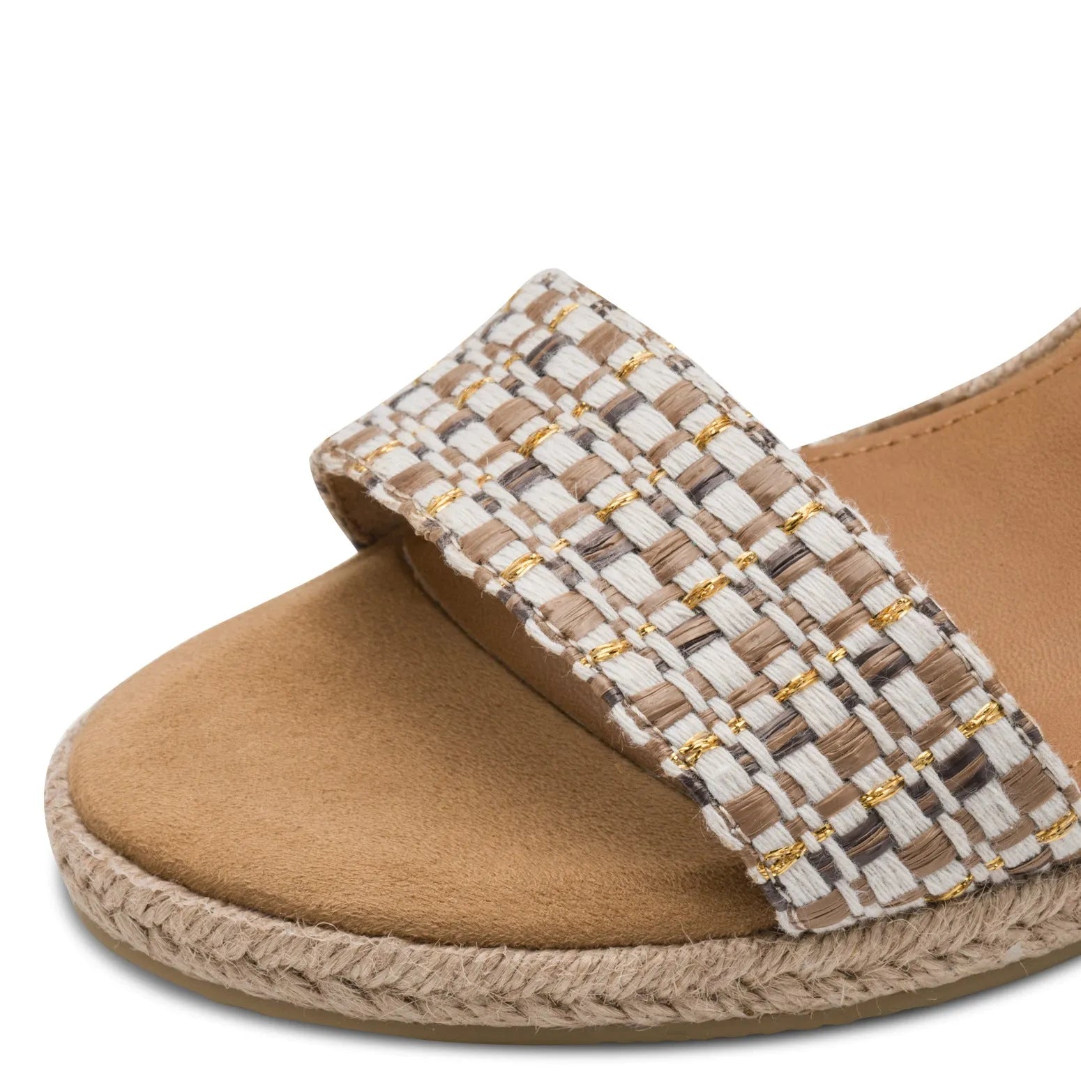 Tamaris ladies' cognac textile slip-on sandals with woven strap and buckle detail, cushioned footbed, and espadrille-style sole.