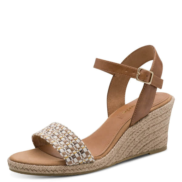 Tamaris women's wedge sandals with cognac textile, buckle ankle strap, and woven front strap on a jute wedge heel.
