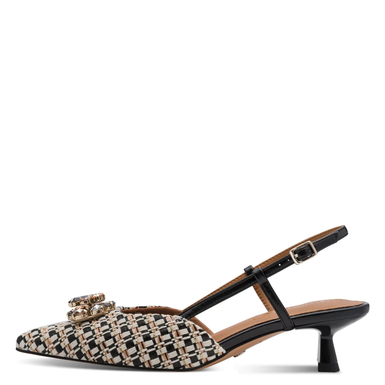 Tamaris women's black and beige textile buckled mid-heel slingback shoes with a pointed toe and decorative embellishments.