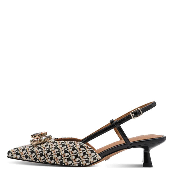 Tamaris women's black and beige textile buckled mid-heel slingback shoes with a pointed toe and decorative embellishments.