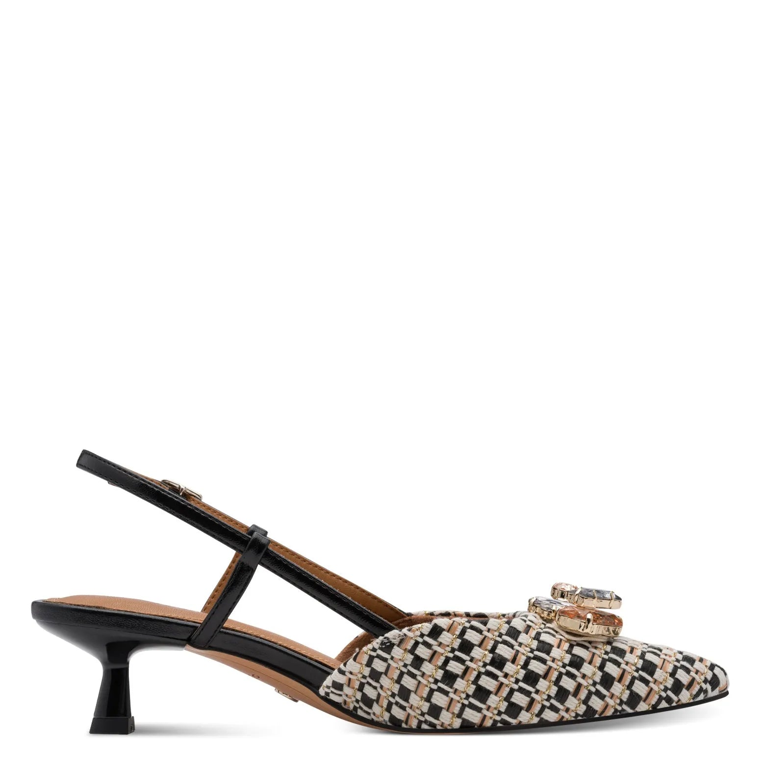 Tamaris women's black textile buckle heels with multi-patterned fabric, pointed toe, and low kitten heel.