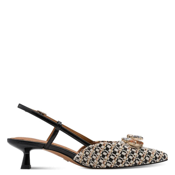 Tamaris women's black textile buckle heels with multi-patterned fabric, pointed toe, and low kitten heel.