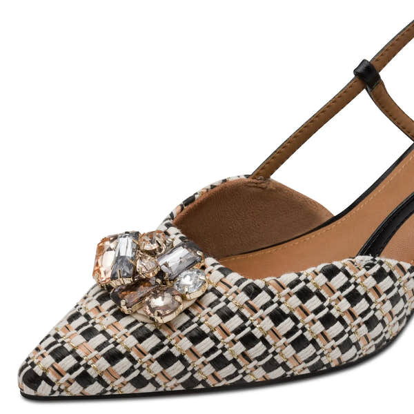 Tamaris ladies black and beige textile buckle block heels with jeweled embellishments on the toe.