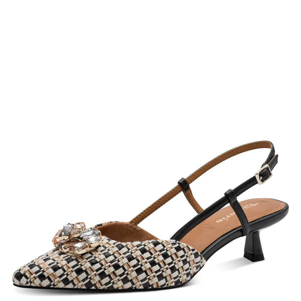 Tamaris ladies black and beige textile buckle heels with decorative gemstone embellishment and pointed toe.