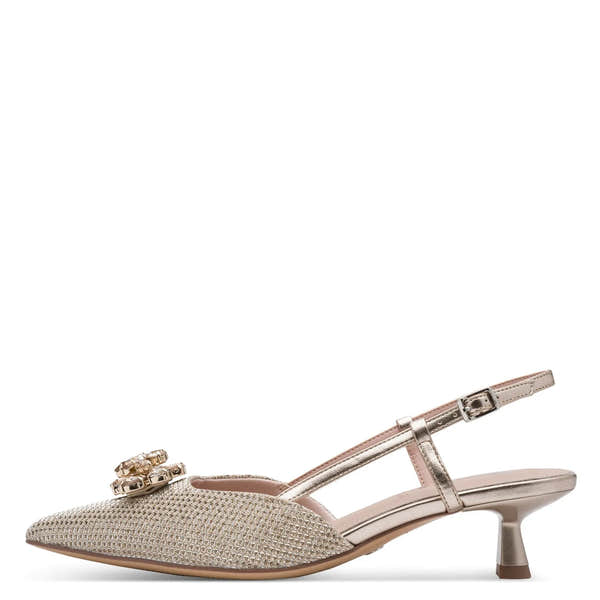 Tamaris Pearl Textile Buckle Heels for women, pointed toe, metallic strap, low heel, elegant design.