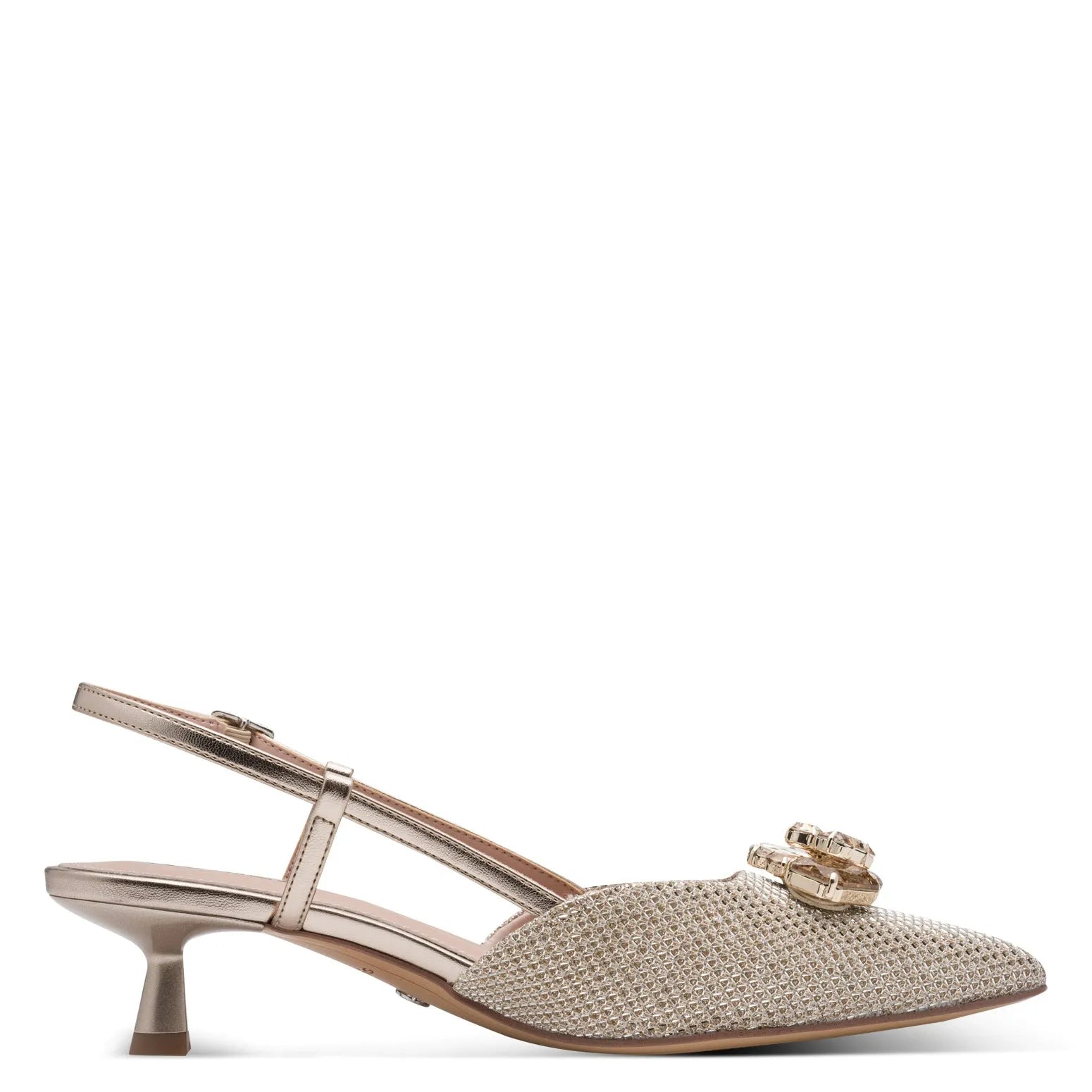 Tamaris 1-29512-46 289 women's pearl textile buckle heel shoes with pointed toe and mid-height heel.