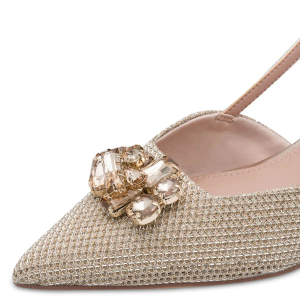 Tamaris Pearl Textile Buckle Heels for women with decorative gemstone embellishment and pointed toe design.