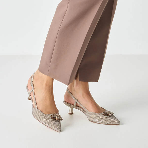 Tamaris Pearl Textured Buckle Heels, pointed toe, ankle strap with gemstone embellishment, for women.