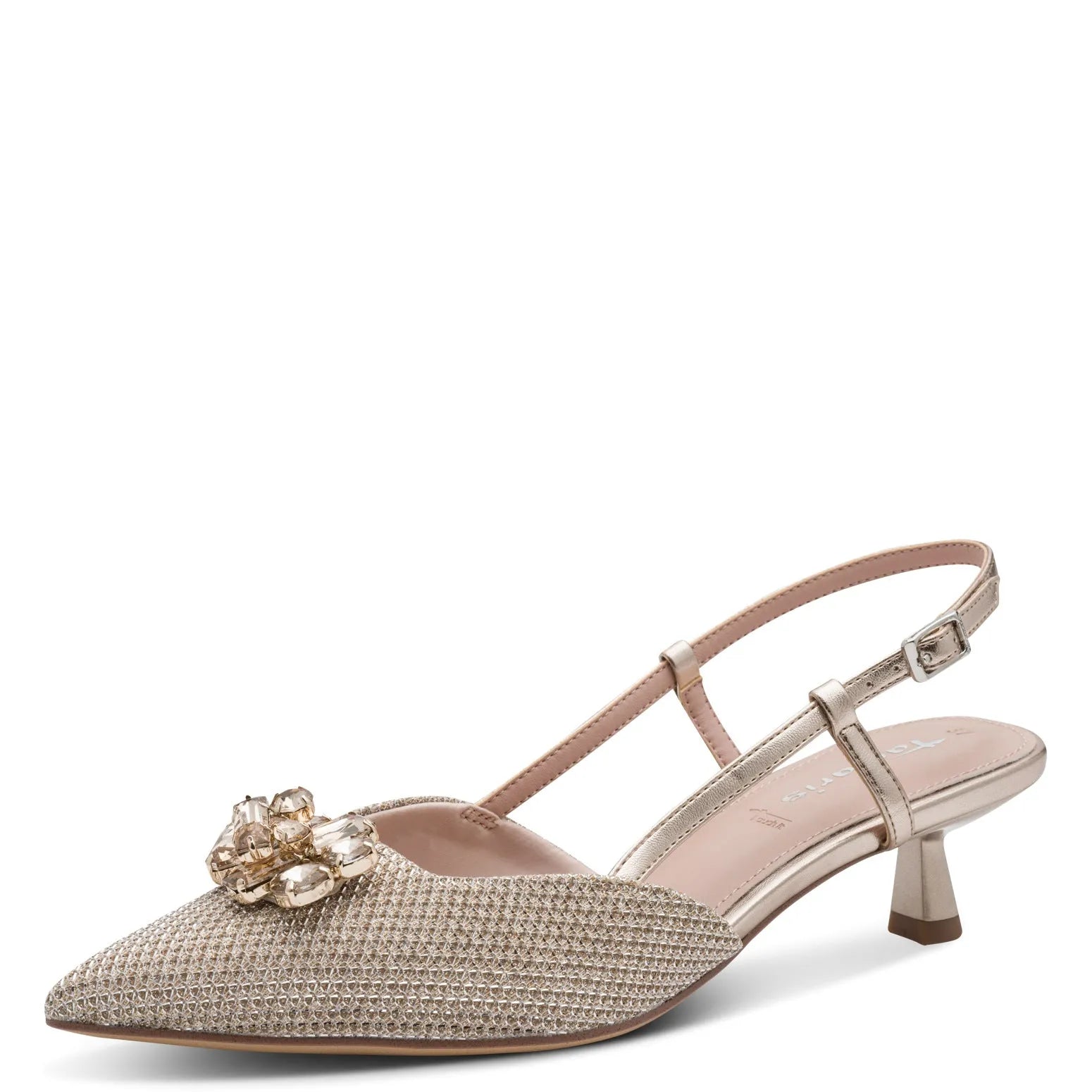 Tamaris 1-29512-46 289 ladies pearl textile buckle heel sandal with decorative gemstone embellishment.