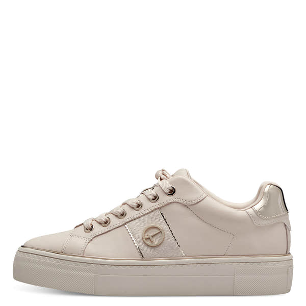 Tamaris 23724-42 women's ivory leather lace-up trainers with metallic accents and chunky sole.