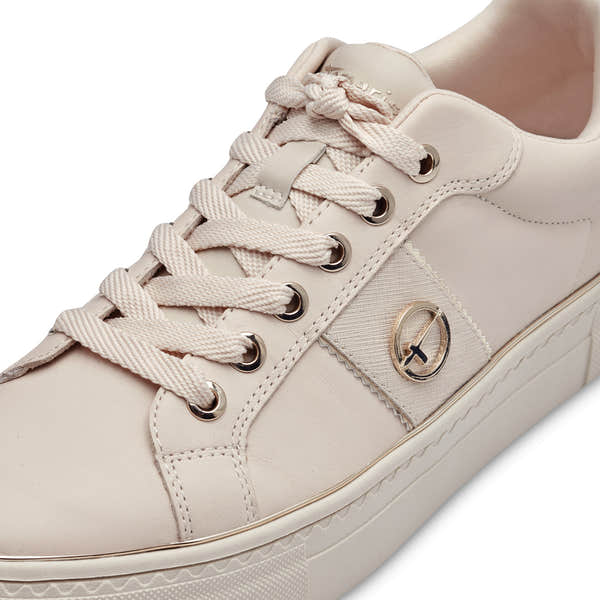 Tamaris 23724-42 Women's Ivory Leather Lace-Up Trainers with metallic accents and padding for comfort.