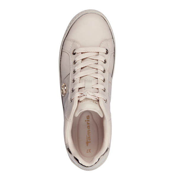 Tamaris 23724-42 ladies ivory leather lace-up trainers, stylish casual sneakers with metal eyelets and logo details.