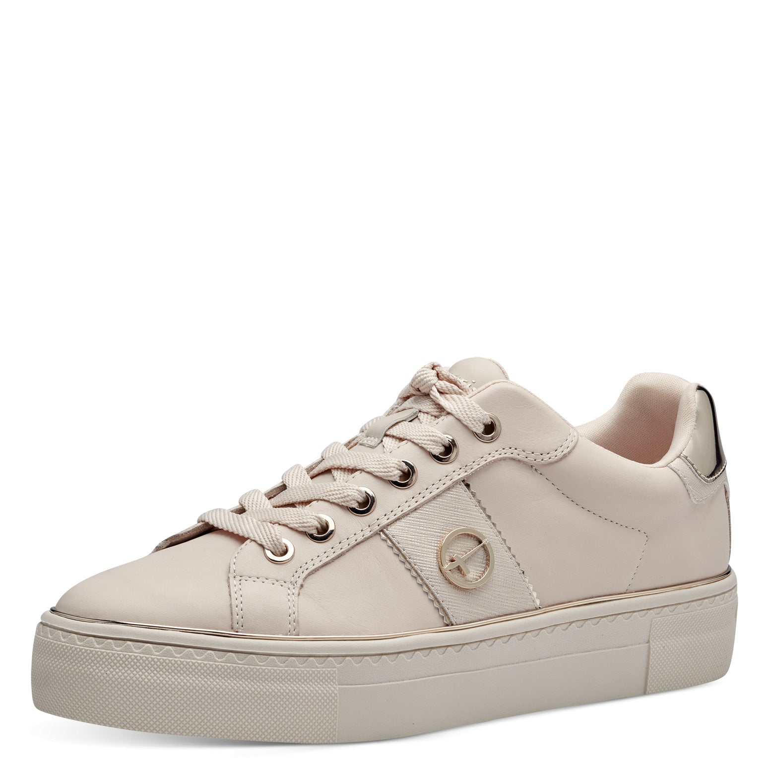 Tamaris 23724-42 women's ivory leather lace-up trainers with chunky sole and metallic logo detail.