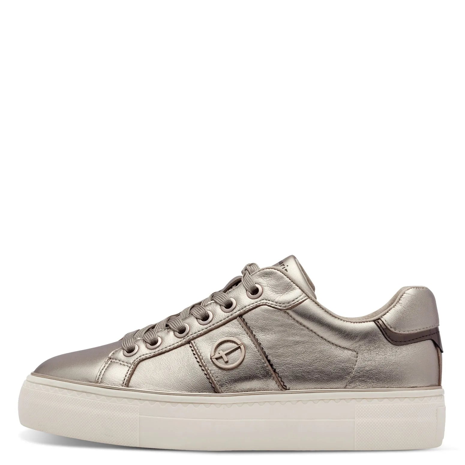 Tamaris 23724-42 ladies light gold leather lace-up trainers with a chunky white sole and metallic finish.