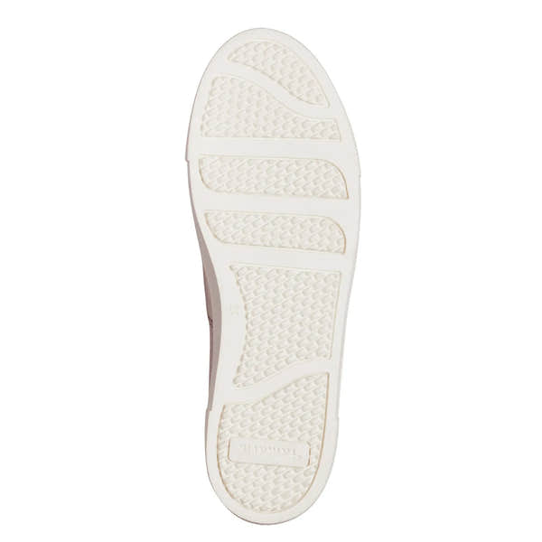 Tamaris 23724-42 women's light gold leather lace-up trainers with textured sole and white rubber outsole.